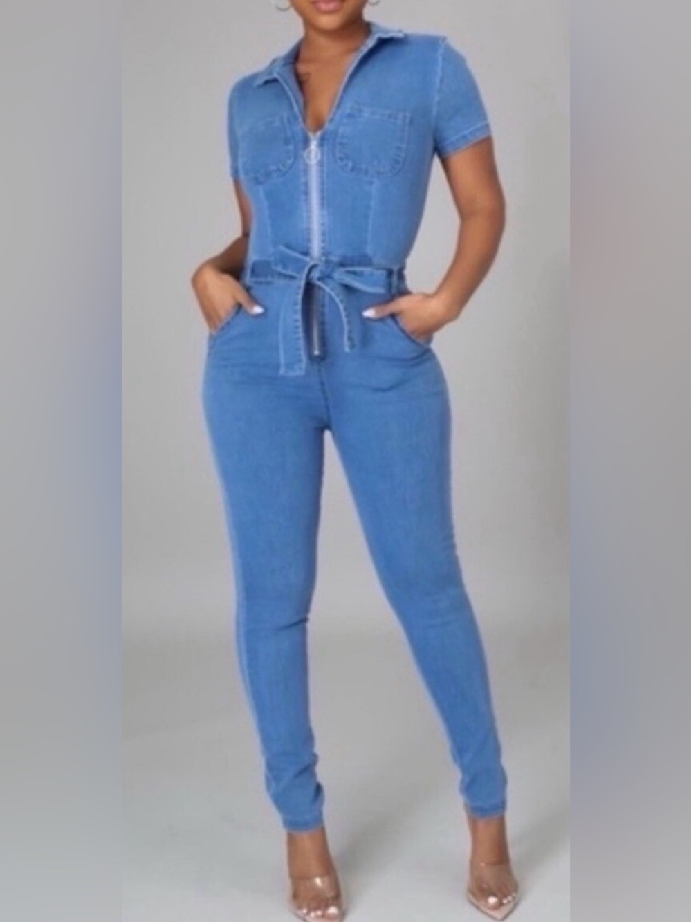 Haute Monde Light Blue Skinny Denim Jumpsuit